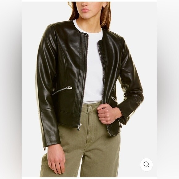 NEW VIA SPIGA Women Collarless Pleather Moto Jacket Black Size S or XL - Picture 1 of 12